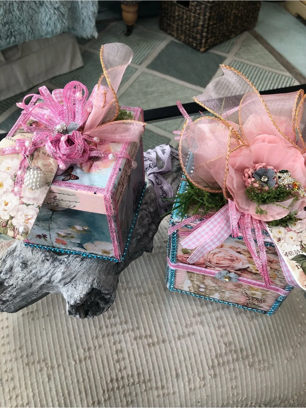 Hand Crafted Pink Floral Decor Gift Boxes with Blue Trim - Picture 2 of 14